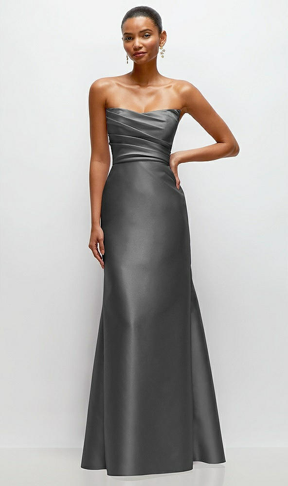 Front View - Gunmetal Strapless Cat-Eye Draped Bodice Satin Tumpet Dress