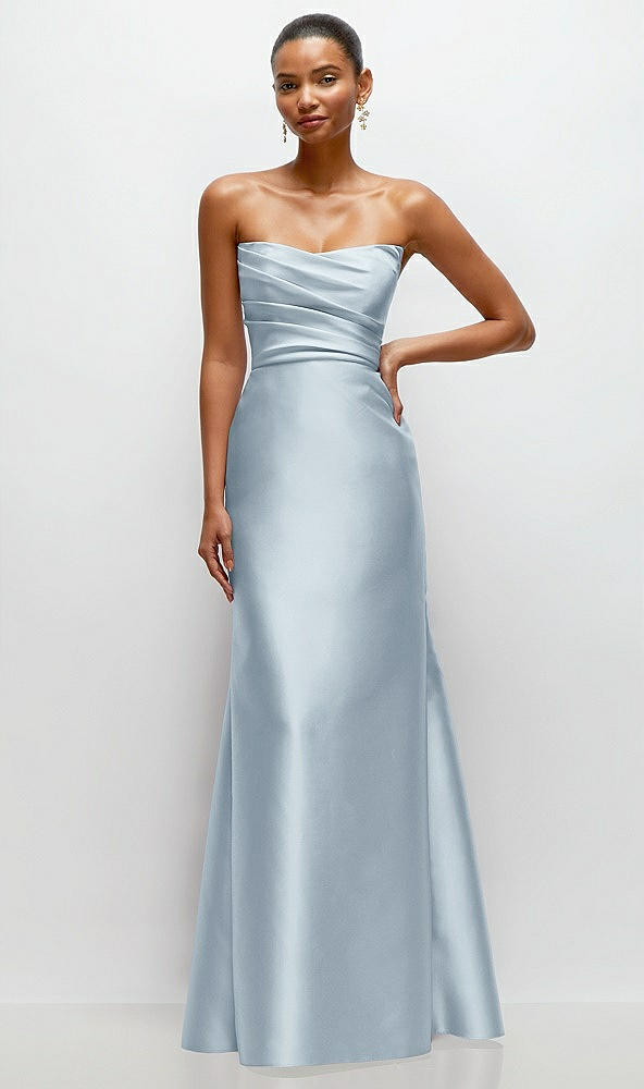 Front View - Mist Strapless Cat-Eye Draped Bodice Satin Tumpet Dress