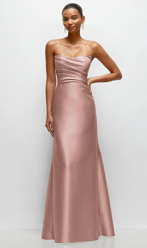 Front View - Neu Nude Strapless Cat-Eye Draped Bodice Satin Tumpet Dress