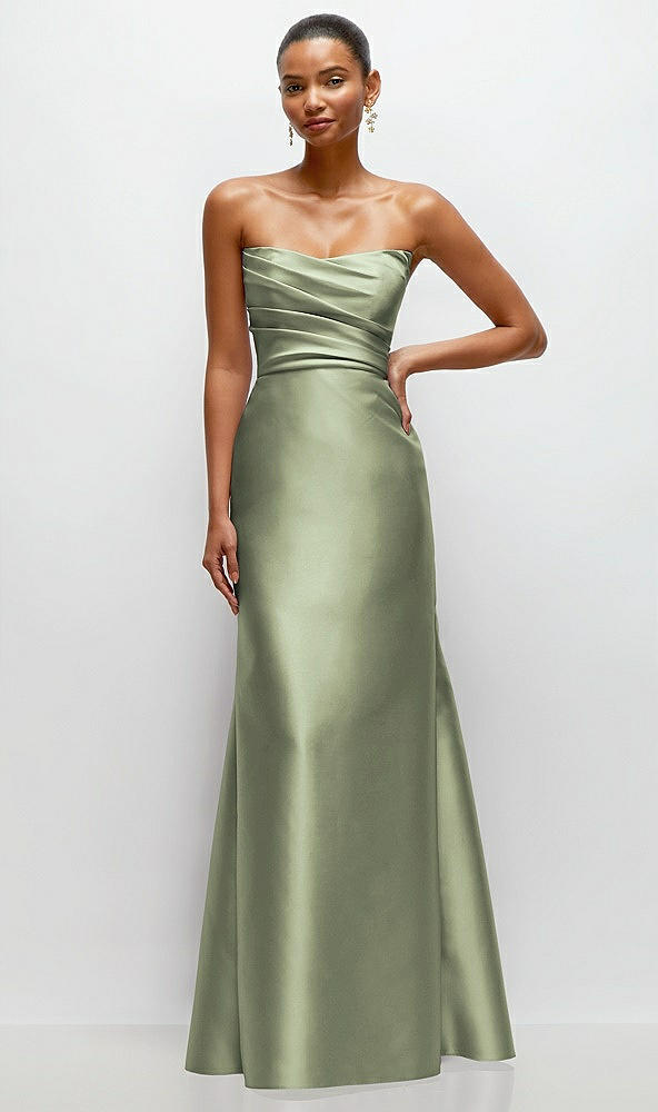 Front View - Sage Strapless Cat-Eye Draped Bodice Satin Tumpet Dress