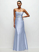 Front View Thumbnail - Sky Blue Strapless Cat-Eye Draped Bodice Satin Tumpet Dress