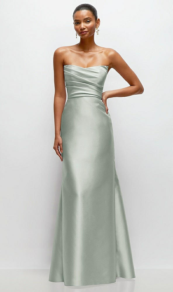 Front View - Willow Green Strapless Cat-Eye Draped Bodice Satin Tumpet Dress