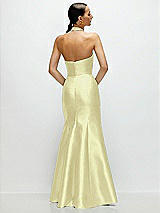 Rear View Thumbnail - Butter Yellow High-Neck Halter Open-Back Satin Trumpet Dress 