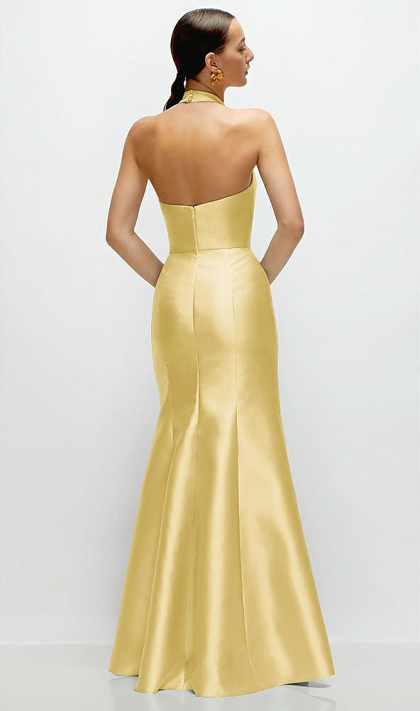 Back View - Maize High-Neck Halter Open-Back Satin Trumpet Dress 