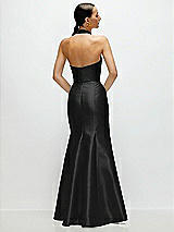 Rear View Thumbnail - Black High-Neck Halter Open-Back Satin Trumpet Dress 