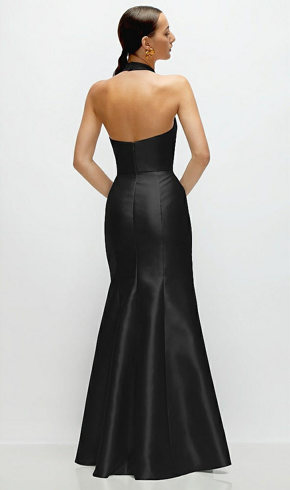 Back View - Black High-Neck Halter Open-Back Satin Trumpet Dress 