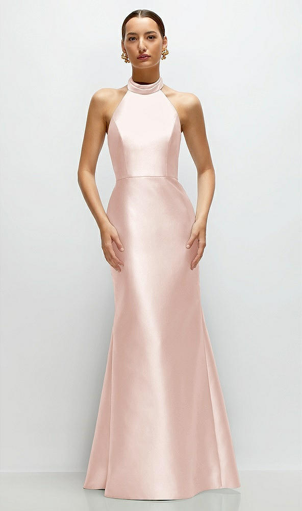 Front View - Blush High-Neck Halter Open-Back Satin Trumpet Dress 