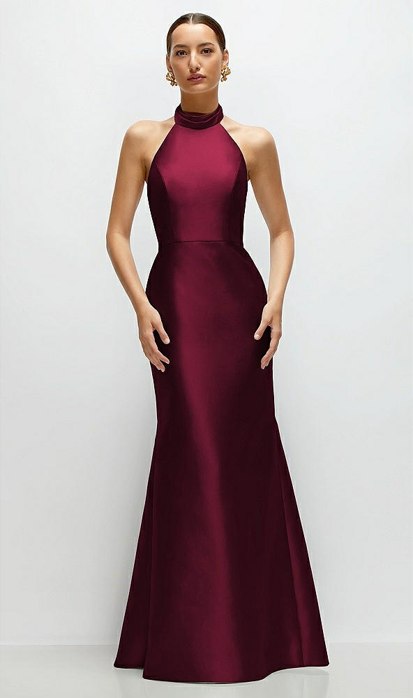 Front View - Cabernet High-Neck Halter Open-Back Satin Trumpet Dress 