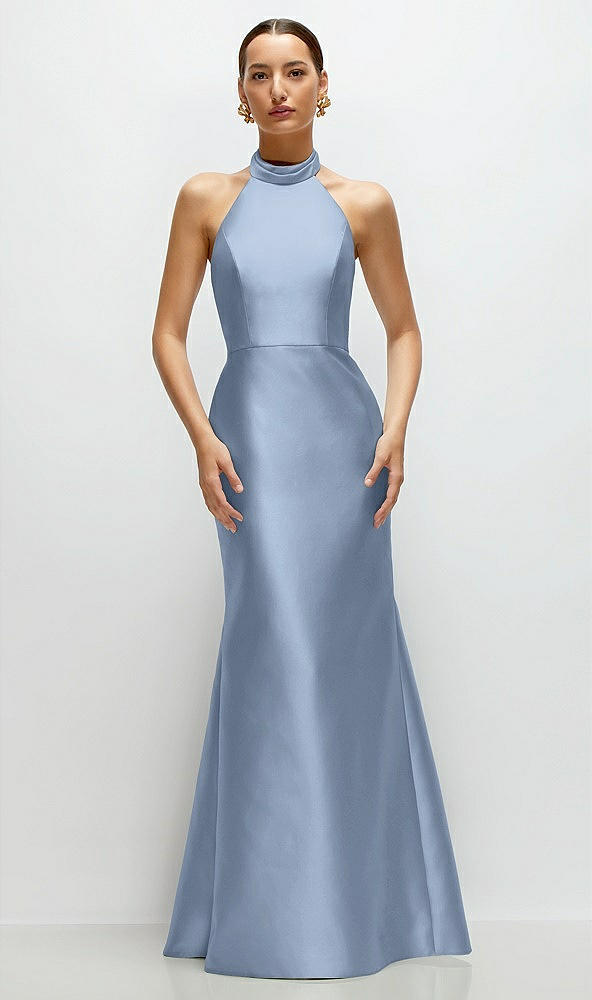 Front View - Cloudy High-Neck Halter Open-Back Satin Trumpet Dress 