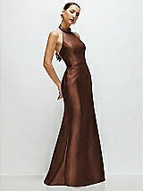 Side View Thumbnail - Cognac High-Neck Halter Open-Back Satin Trumpet Dress 