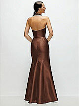 Rear View Thumbnail - Cognac High-Neck Halter Open-Back Satin Trumpet Dress 