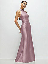 Side View Thumbnail - Dusty Rose High-Neck Halter Open-Back Satin Trumpet Dress 