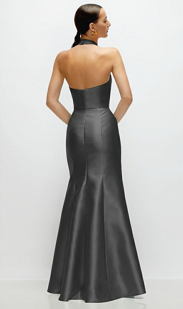 Back View - Pewter High-Neck Halter Open-Back Satin Trumpet Dress 