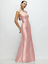 Side View Thumbnail - Rose - PANTONE Rose Quartz High-Neck Halter Open-Back Satin Trumpet Dress 