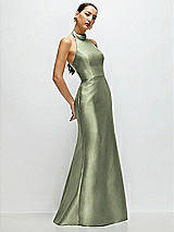 Side View Thumbnail - Sage High-Neck Halter Open-Back Satin Trumpet Dress 