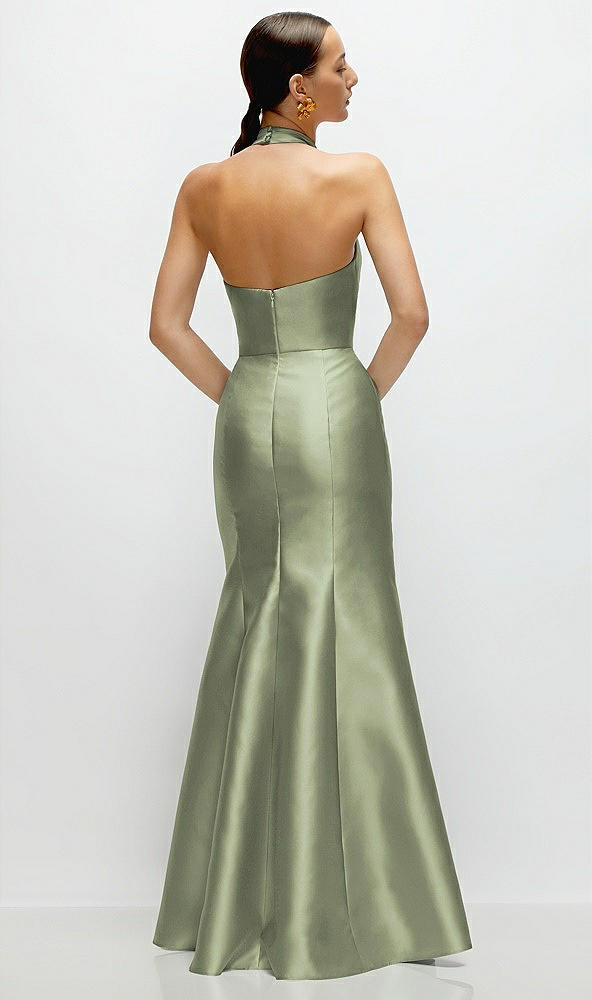 Back View - Sage High-Neck Halter Open-Back Satin Trumpet Dress 