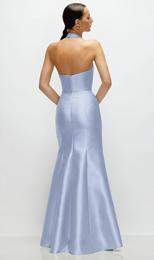 Back View - Sky Blue High-Neck Halter Open-Back Satin Trumpet Dress 