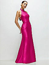 Side View Thumbnail - Think Pink High-Neck Halter Open-Back Satin Trumpet Dress 