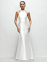 Front View Thumbnail - White High-Neck Halter Open-Back Satin Trumpet Dress 