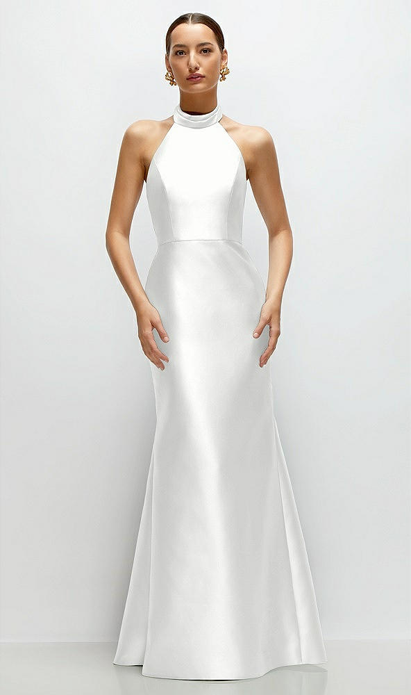 Front View - White High-Neck Halter Open-Back Satin Trumpet Dress 