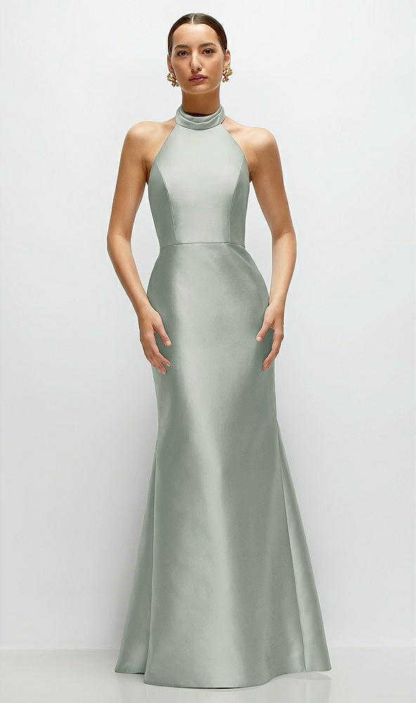 Front View - Willow Green High-Neck Halter Open-Back Satin Trumpet Dress 