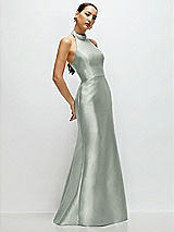 Side View Thumbnail - Willow Green High-Neck Halter Open-Back Satin Trumpet Dress 