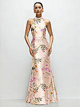 Front View Thumbnail - Butterfly Botanica Pink Sand High-Neck Halter Open-Back Floral Satin Trumpet Dress 