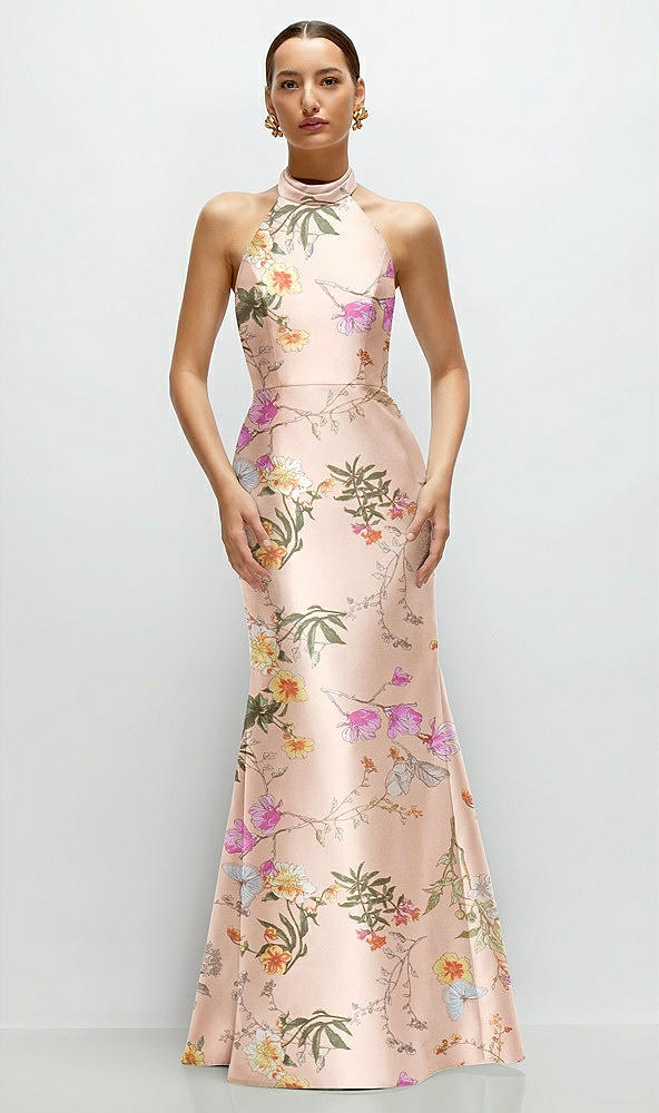 Front View - Butterfly Botanica Pink Sand High-Neck Halter Open-Back Floral Satin Trumpet Dress 