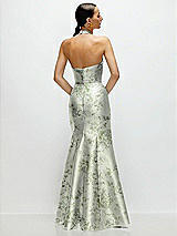 Rear View Thumbnail - Cottage Rose Sage High-Neck Halter Open-Back Floral Satin Trumpet Dress 