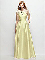 Front View Thumbnail - Butter Yellow One-Shoulder Full A-Line Satin Gown with Handworked Floral Appliqué