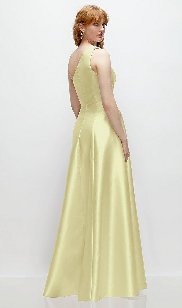 Back View - Butter Yellow One-Shoulder Full A-Line Satin Gown with Handworked Floral Appliqué