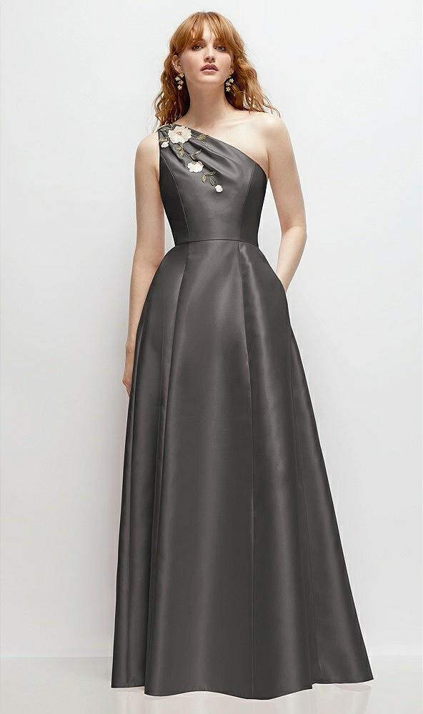 Front View - Caviar Gray One-Shoulder Full A-Line Satin Gown with Handworked Floral Appliqué