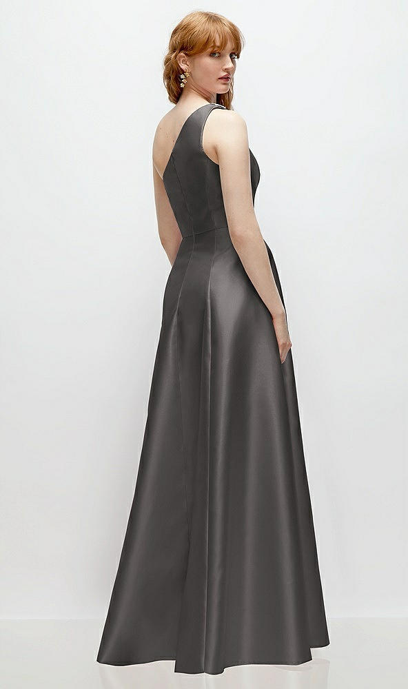 Back View - Caviar Gray One-Shoulder Full A-Line Satin Gown with Handworked Floral Appliqué