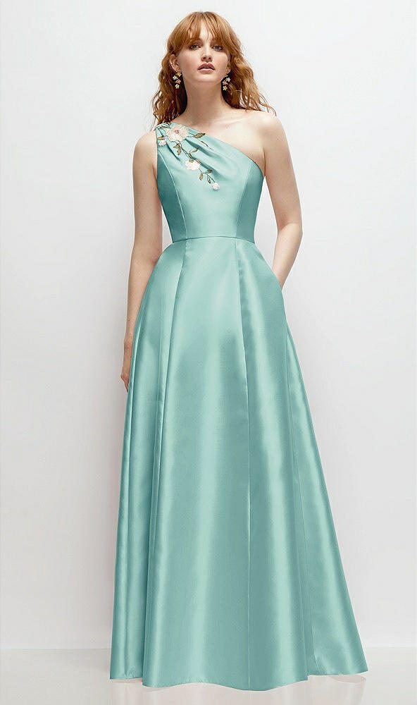 Front View - Coastal One-Shoulder Full A-Line Satin Gown with Handworked Floral Appliqué