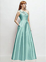 Side View Thumbnail - Coastal One-Shoulder Full A-Line Satin Gown with Handworked Floral Appliqué