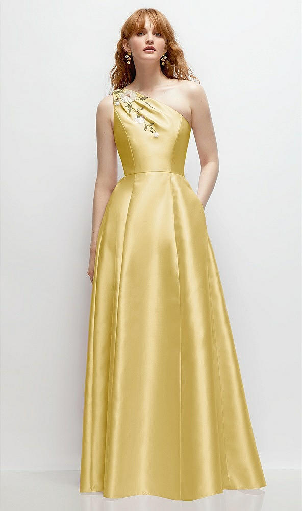 Front View - Maize One-Shoulder Full A-Line Satin Gown with Handworked Floral Appliqué