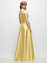 Rear View Thumbnail - Maize One-Shoulder Full A-Line Satin Gown with Handworked Floral Appliqué