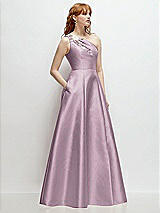 Side View Thumbnail - Suede Rose One-Shoulder Full A-Line Satin Gown with Handworked Floral Appliqué