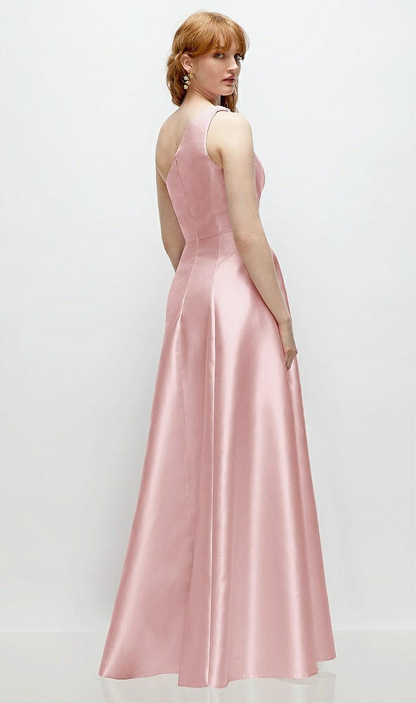 Back View - Ballet Pink One-Shoulder Full A-Line Satin Gown with Handworked Floral Appliqué