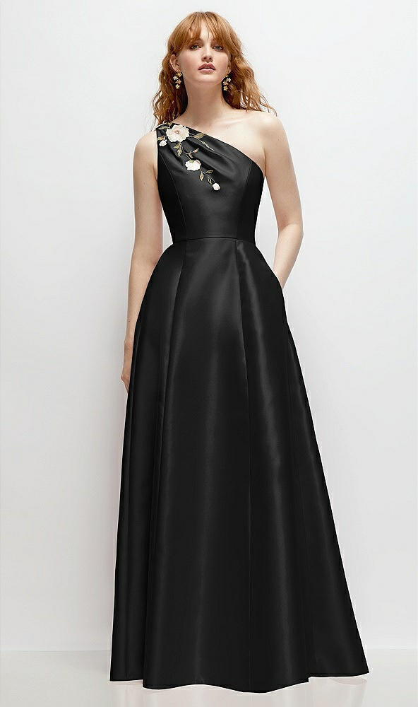 Front View - Black One-Shoulder Full A-Line Satin Gown with Handworked Floral Appliqué