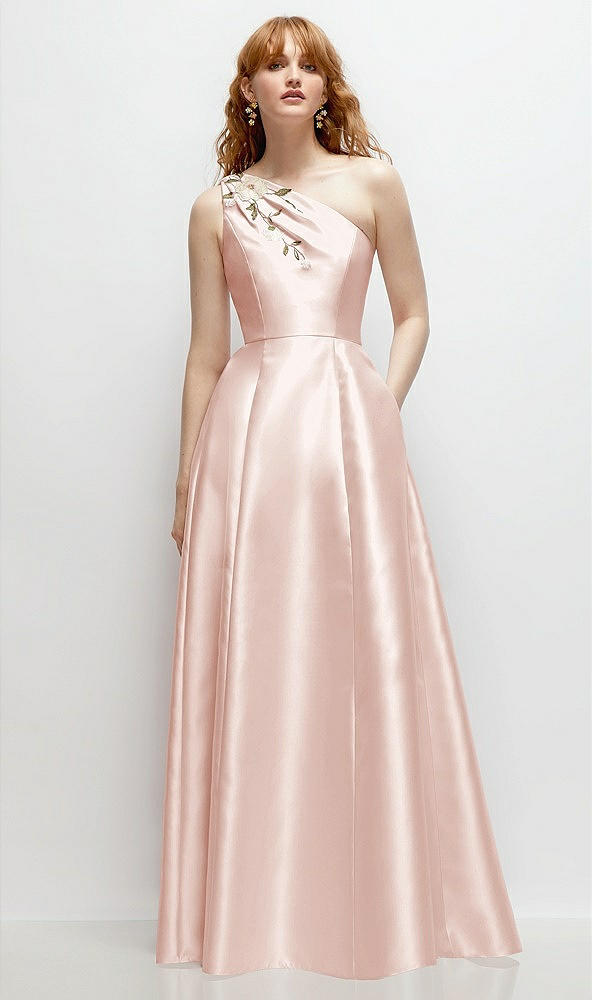 Front View - Blush One-Shoulder Full A-Line Satin Gown with Handworked Floral Appliqué