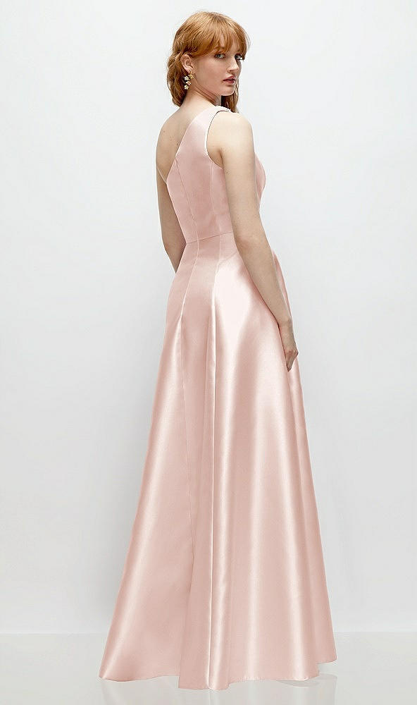 Back View - Blush One-Shoulder Full A-Line Satin Gown with Handworked Floral Appliqué