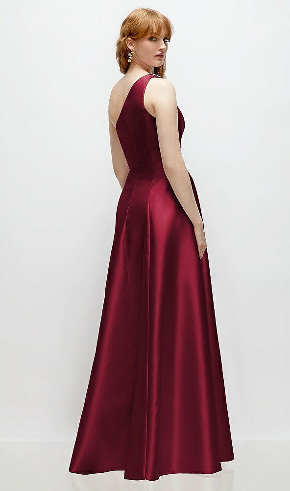 Back View - Burgundy One-Shoulder Full A-Line Satin Gown with Handworked Floral Appliqué