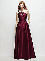 Front View Thumbnail - Cabernet One-Shoulder Full A-Line Satin Gown with Handworked Floral Appliqué