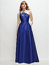 Front View Thumbnail - Cobalt Blue One-Shoulder Full A-Line Satin Gown with Handworked Floral Appliqué