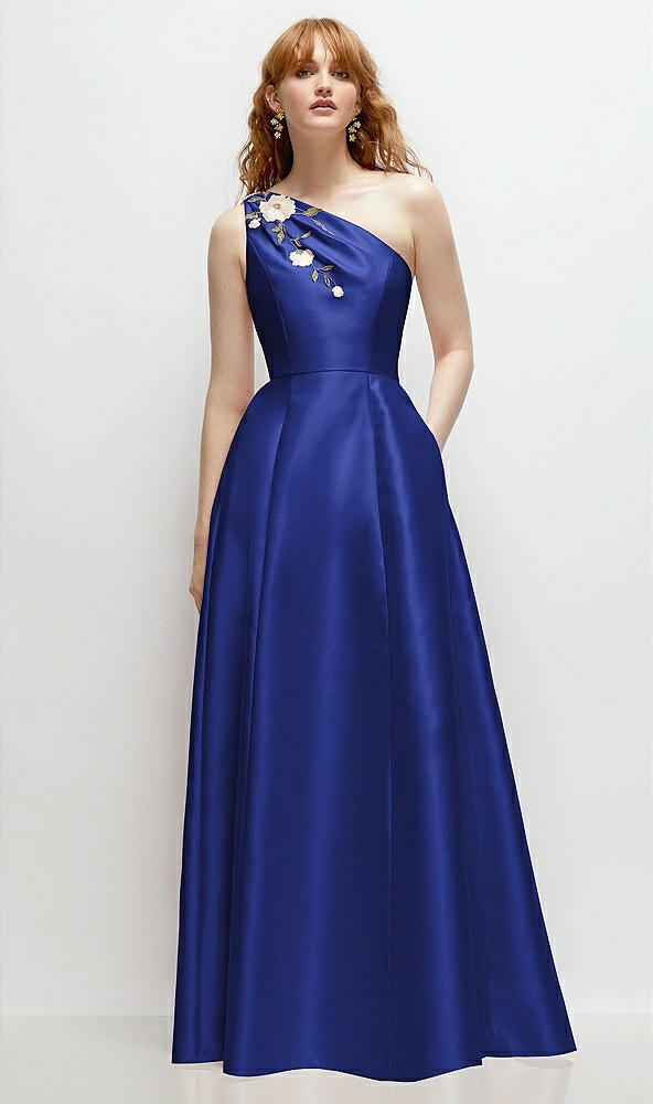 Front View - Cobalt Blue One-Shoulder Full A-Line Satin Gown with Handworked Floral Appliqué