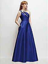 Side View Thumbnail - Cobalt Blue One-Shoulder Full A-Line Satin Gown with Handworked Floral Appliqué