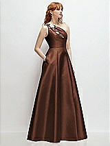 Side View Thumbnail - Cognac One-Shoulder Full A-Line Satin Gown with Handworked Floral Appliqué