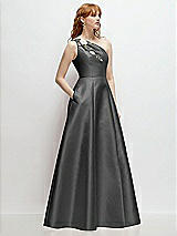 Side View Thumbnail - Gunmetal One-Shoulder Full A-Line Satin Gown with Handworked Floral Appliqué