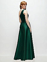 Rear View Thumbnail - Hunter Green One-Shoulder Full A-Line Satin Gown with Handworked Floral Appliqué